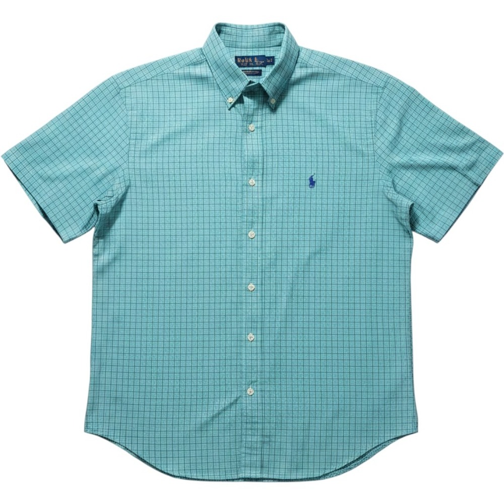 Polo Ralph Lauren Blake Mens Large Green Blue Check Short Sleeve Cotton Shirt